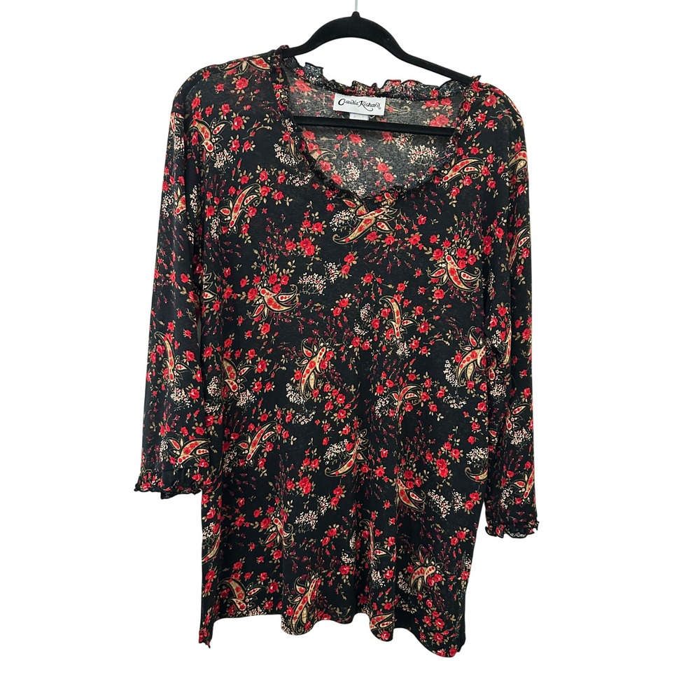 Claudia Richard Womens Floral Paisley Lettuce Trim V-Neck Top XL Whimsigoth